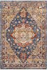 Close-up of the Wailua Area Rug. Bohemian style rug in dark blue, denim, beige, gray, mustard, olive, peach, and rust. Design-Rectangle-58