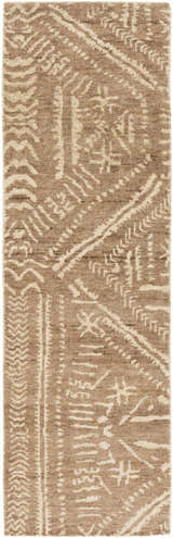 Close-up of the Wainfleet Jute Carpet showing its hand-knotted construction and geometric pattern in tan and ivory. Design-Runner-268