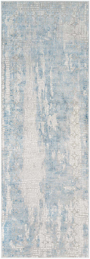 Close-up of the Walbridge Faux Silk Rug. Abstract pattern in gray, light blue, and off-white. Viscose texture. Design-Runner-2777