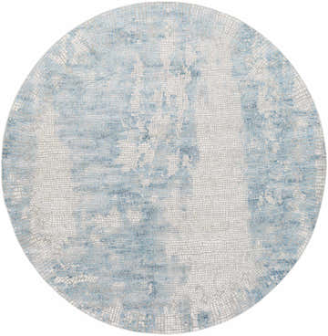 Round Walbridge Faux Silk Rug with a contemporary light blue, gray, and off white mosaic pattern. Design-Round-710