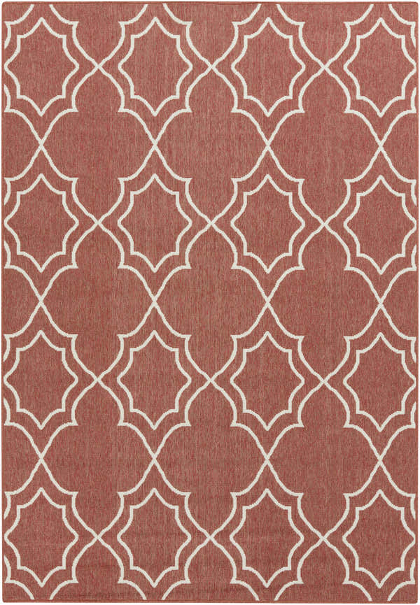 Close-up of Unique Rust Red Lattice Trellis Outdoor Rug. Brick red with light beige geometric trellis pattern. Design-Rectangle-5376