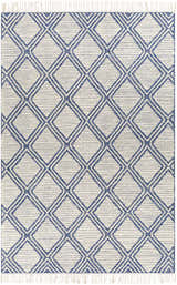 Close-up of the Walgett Carpet Area Rug. Hand-woven cotton rug with a blue diamond pattern on a cream background. Fringe detail. Design-Rectangle-69