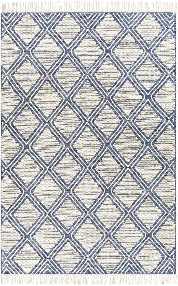 Close-up of the Walgett Carpet Area Rug. Hand-woven cotton rug with a blue diamond pattern on a cream background. Fringe detail. Design-Rectangle-69