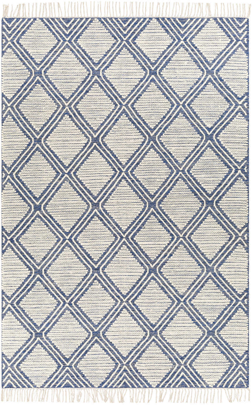 Close-up of the Walgett Carpet Area Rug. Hand-woven cotton rug with a blue diamond pattern on a cream background. Fringe detail. Design-Rectangle-69