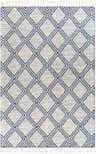 Close-up of the Walgett Carpet Area Rug. Hand-woven cotton rug with a blue diamond pattern on a cream background. Fringe detail. Design-Rectangle-69