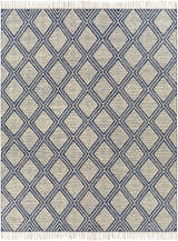 Close-up of the Walgett Carpet Area Rug, a hand-woven rug with a blue diamond pattern on a cream background and fringe. Design-Rectangle-810