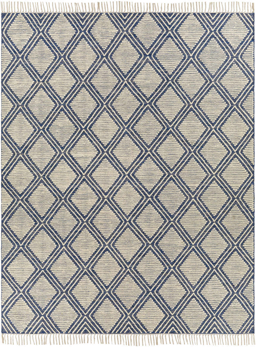 Close-up of the Walgett Carpet Area Rug, a hand-woven rug with a blue diamond pattern on a cream background and fringe. Design-Rectangle-810