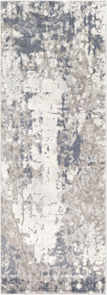 Close-up of the Walhonding Area Rug, a contemporary design in denim, ivory, light gray, and pale blue. Abstract pattern. Design-Runner-2773