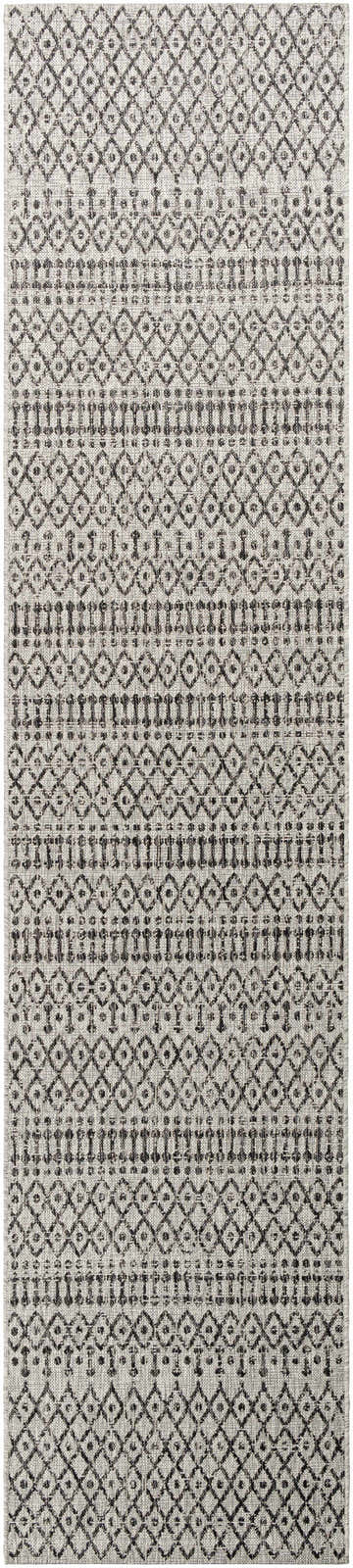 Close-up of the Wallkill Area Rug featuring a black and taupe geometric pattern. Machine woven polypropylene rug. Design-Runner-2712