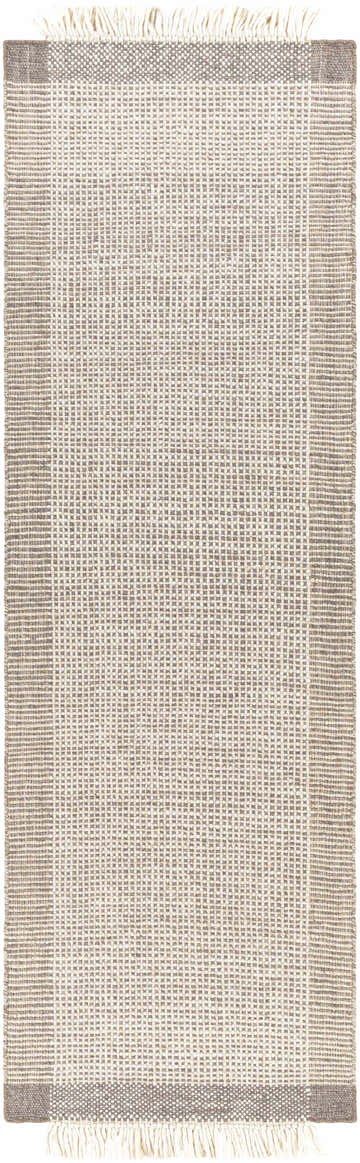 Close-up of the hand-woven Joelle Beige Grid Wool Rug, featuring a neutral grid pattern and tasseled edges. Design-Runner-268