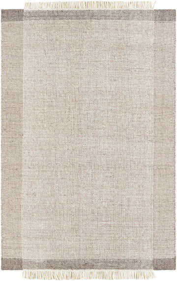 Close-up of the hand-woven Joelle Beige Grid Wool Rug, featuring a subtle grid pattern and fringed edges. Design-Rectangle-576