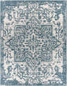 Close-up of the Teal Kilmacolm Indoor & Outdoor Area Rug. Features a traditional, light beige and teal pattern. Design-Rectangle-710102
