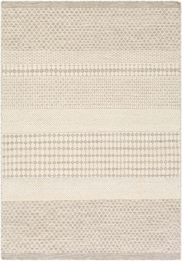 Close-up of the hand woven Warabrook Area Rug. Gray, light beige, and peach wool rug with bohemian-inspired geometric patterns. Design-Rectangle-576
