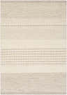 Close-up of the hand woven Warabrook Area Rug. Gray, light beige, and peach wool rug with bohemian-inspired geometric patterns. Design-Rectangle-576