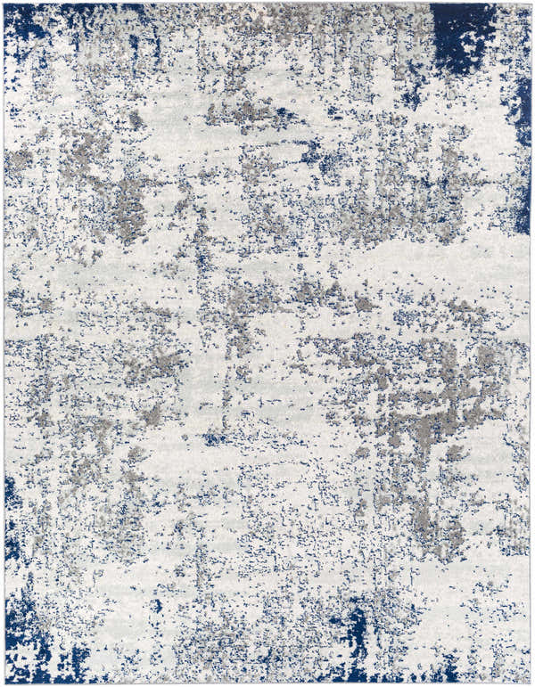 Close-up of the Warburton Abstract Area Rug. Charcoal, dark blue, gray, and off-white abstract pattern. Design-Rectangle-710103