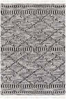 Close-up of the Warrandyte 5x7 Black&White High-Low Rug, featuring a geometric pattern and tasseled edges. Design-Rectangle-5373