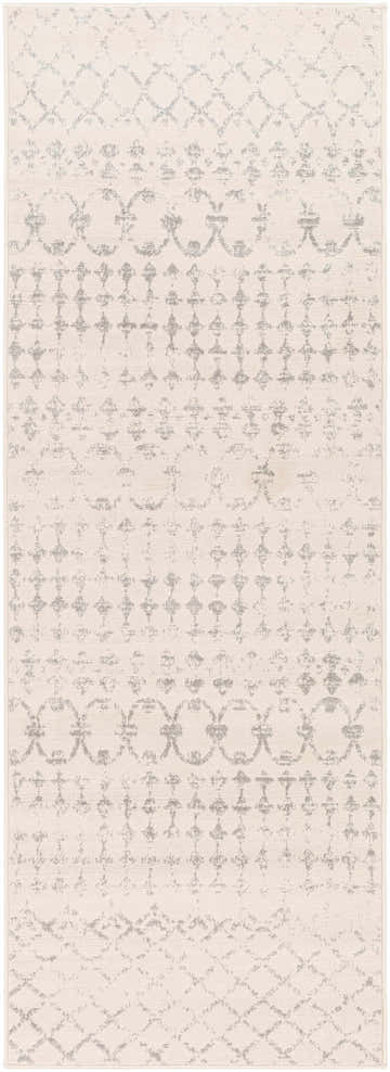 Close-up of the Warton Area Rug, featuring a light gray and off-white bohemian-inspired pattern. Machine-woven texture. Design-Runner-2773
