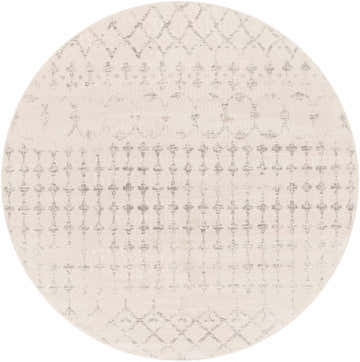 Close-up of round Warton Area Rug. Off white rug with light and medium gray diamond and cross pattern. Design-Round-67