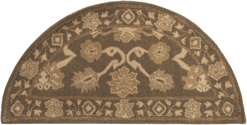 Close-up of the round Wauneta Area Rug. Hand-tufted wool rug in dark red and medium gray with a traditional floral pattern. Design-Hearth