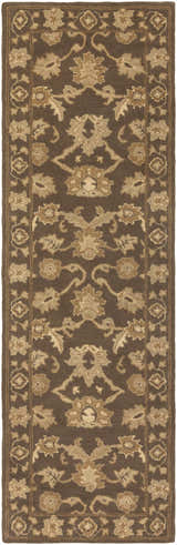 Close-up of the hand-tufted Wauneta Area Rug. Dark red wool rug with a traditional, medium gray floral pattern and border. Design-Runner-268