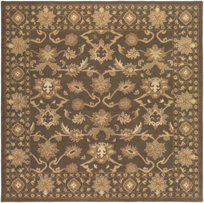 Detailed floral pattern on a dark red and gray Wauneta Area Rug. Hand-tufted wool rug with traditional farmhouse style. Design-Square-8