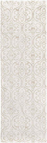 Close-up of the Wauseon Area Rug, featuring an ivory base with an olive traditional trellis pattern. Hand-loomed viscose texture. Design-Runner-268