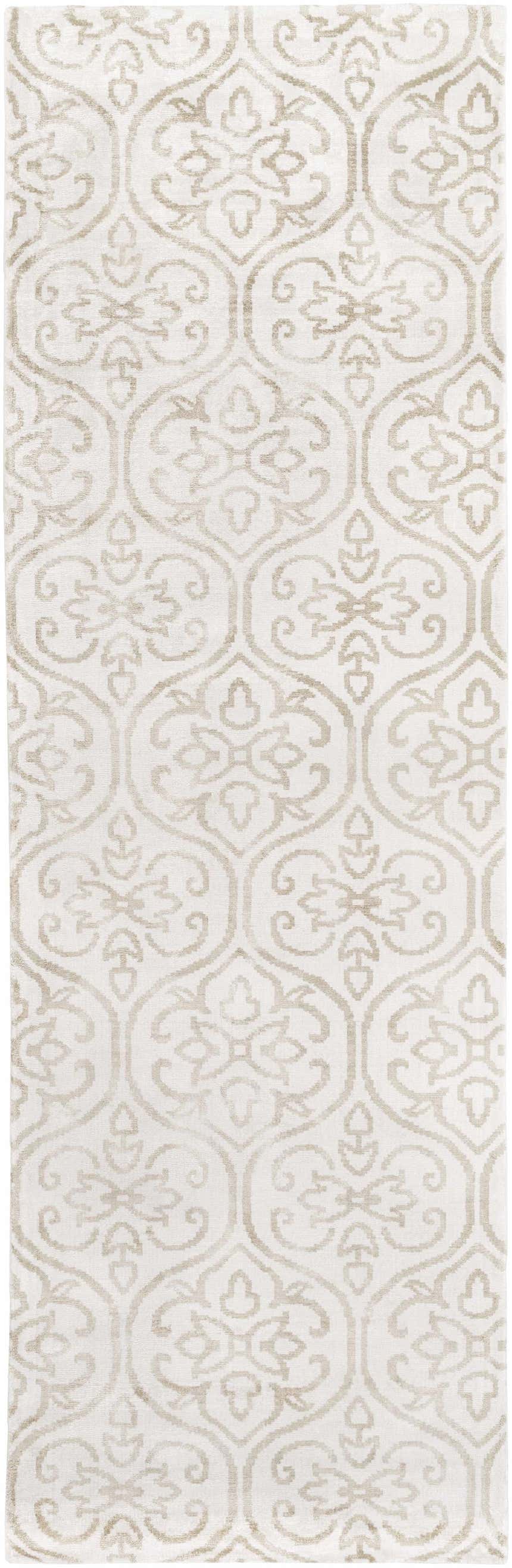 Close-up of the Wauseon Area Rug, featuring an ivory base with an olive traditional trellis pattern. Hand-loomed viscose texture. Design-Runner-268