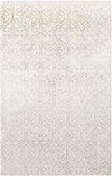 Close-up of the Wauseon Area Rug. Ivory rug with a repeating traditional olive-toned trellis pattern. Design-Rectangle-58