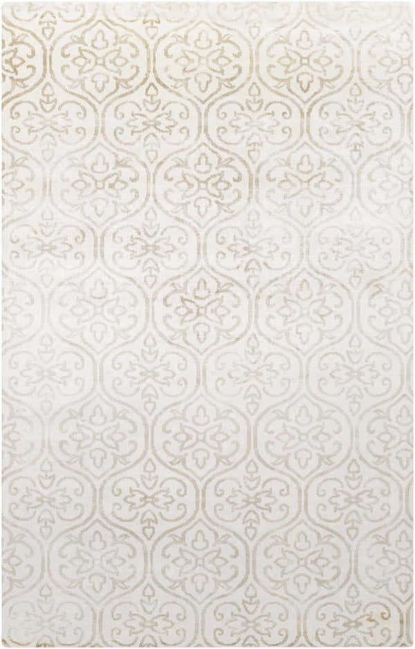 Close-up of the Wauseon Area Rug. Ivory rug with a repeating traditional olive-toned trellis pattern. Design-Rectangle-58