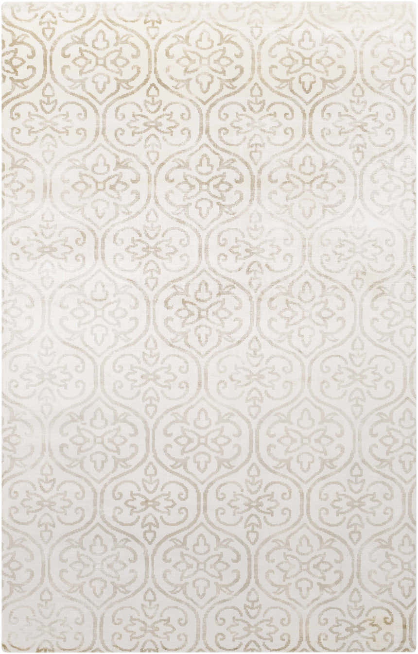 Close-up of the Wauseon Area Rug. Ivory rug with a repeating traditional olive-toned trellis pattern. Design-Rectangle-58