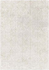 Close-up of the hand-loomed Wauseon Area Rug. Ivory rug with an olive floral medallion pattern in a traditional style. Design-Rectangle-811