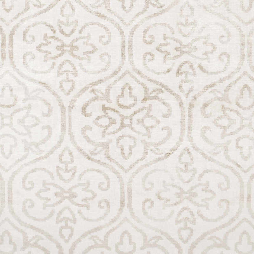 Close-up of the Wauseon Area Rug, ivory and olive viscose with a traditional, hand-loomed pattern. Swatch