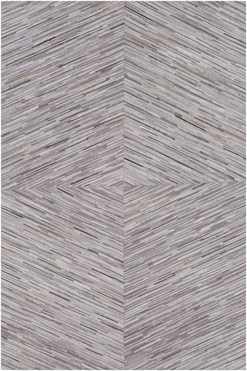 Close-up of the Wauzeka Premium Area Rug; brown, cream, and gray hair-on-hide strips create a chevron pattern. Design-Rectangle-58