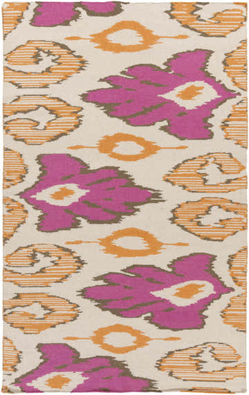 Close-up of the Waymart Area Rug. Hand-woven wool rug with a contemporary pattern in fuchsia, orange, brown, and light beige. Design-Rectangle-58