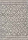 Close-up of the Webb Area Rug. Charcoal gray rug with a light slate and white diamond pattern. Bohemian style. Design-Rectangle-5373