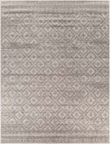Close-up of the Webb Area Rug. Machine-woven polypropylene rug in charcoal, gray, light slate, and white with a geometric pattern. Design-Rectangle-710103