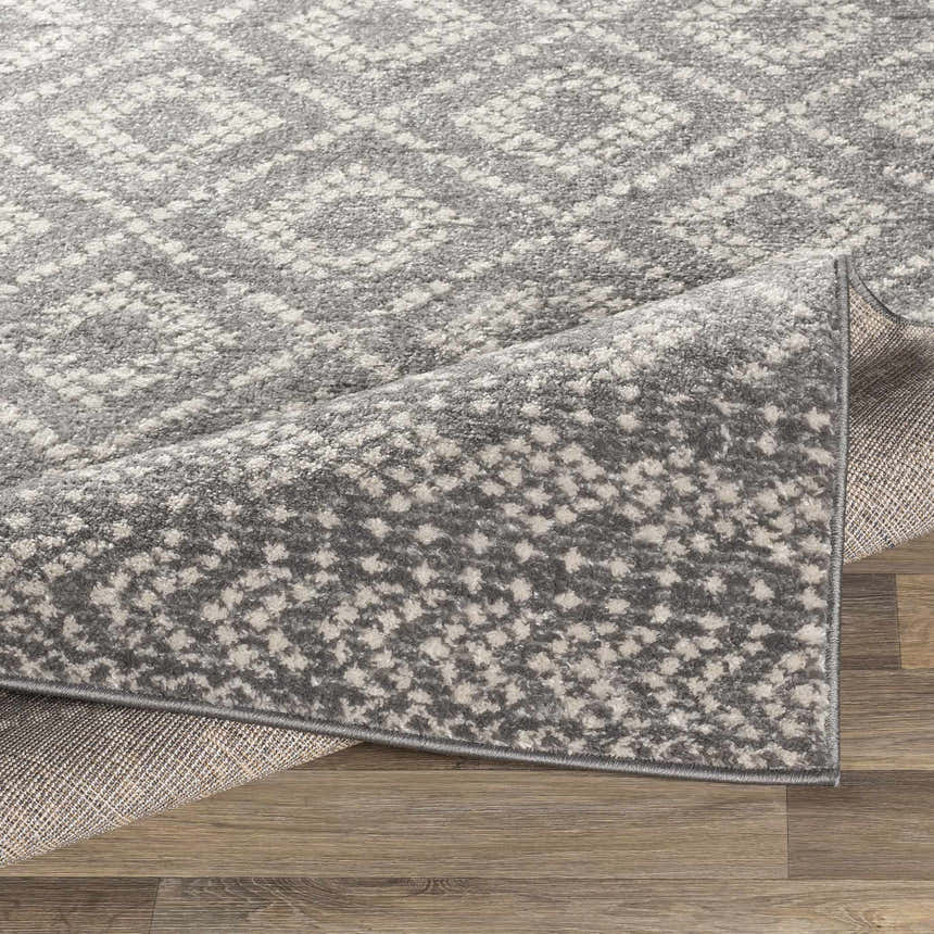Close-up of the Webb Area Rug, showing its charcoal, gray, and white bohemian pattern and machine woven texture. Fold