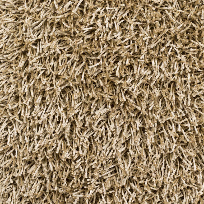 Close-up of the Browder Solid Beige Shag Area Rug, showing its plush texture and hand woven construction. Swatch