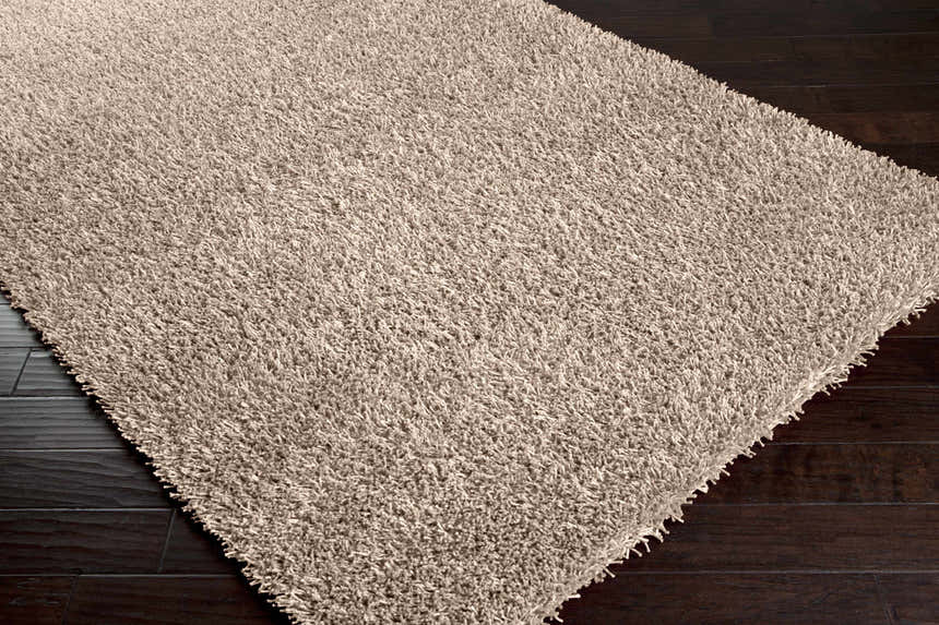 Close-up of the Browder Solid Beige Shag Area Rug showing its plush texture and color against dark wood floors. Corner