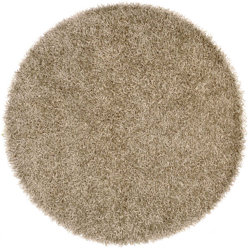 Close-up of a round Browder Solid Beige Shag Area Rug showing its plush, textured pile. Contemporary style. Design-Round-6