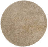Close-up of a round Browder Solid Beige Shag Area Rug showing its dense, soft, polyester texture. Design-Round-8