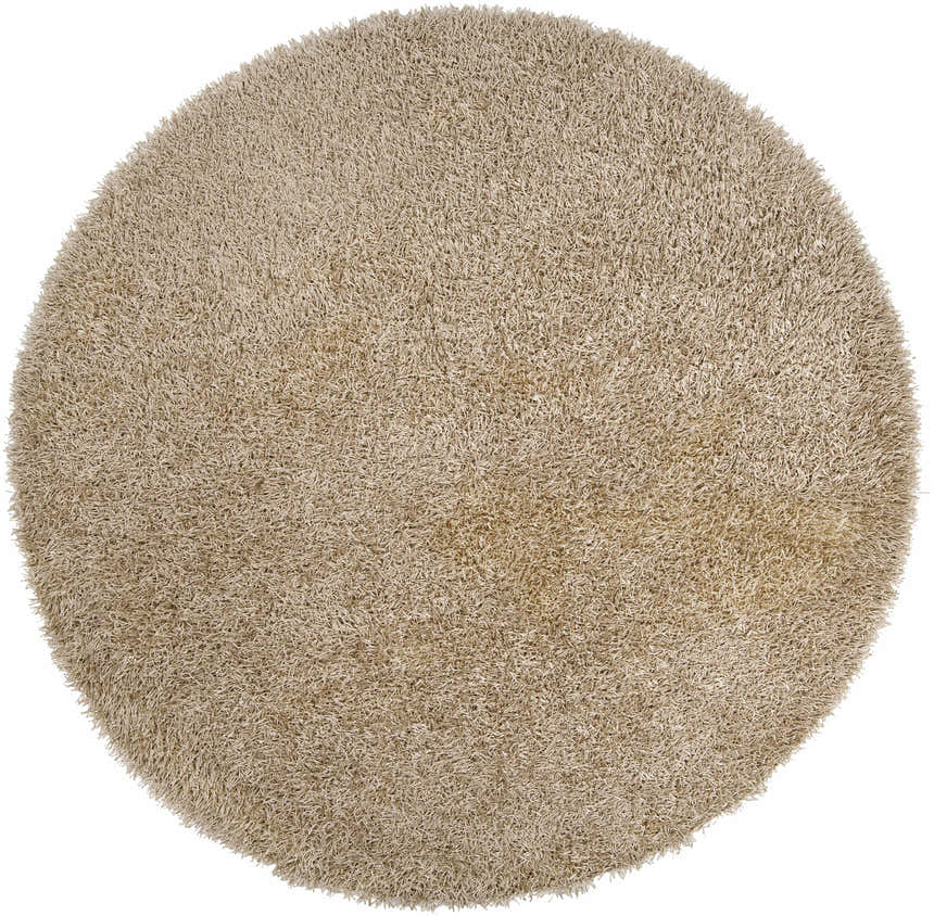 Close-up of a round Browder Solid Beige Shag Area Rug showing its dense, soft, polyester texture. Design-Round-8