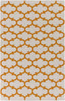 Close-up of the Weehawken Area Rug. Hand-woven cotton rug with a bright orange quatrefoil pattern on an ivory background. Design-Rectangle-576