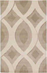 Close-up of the Weleetka Area Carpet: a contemporary rug with a geometric diamond and oval pattern in neutral beige and cream tones. Design-Rectangle-58