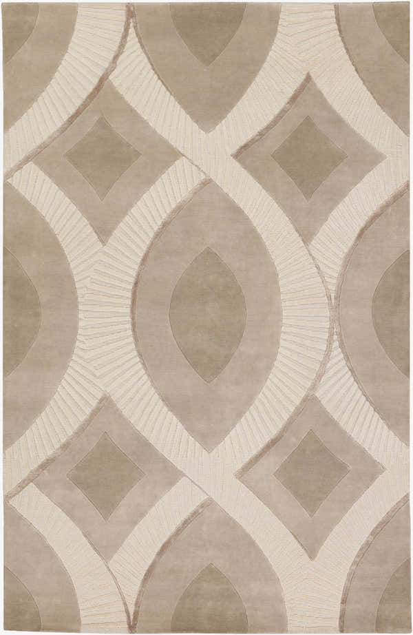 Close-up of the Weleetka Area Carpet: a contemporary rug with a geometric diamond and oval pattern in neutral beige and cream tones. Design-Rectangle-58