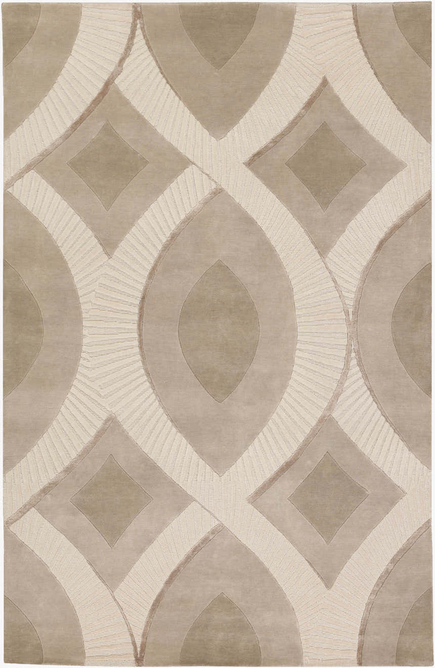 Close-up of the Weleetka Area Carpet: a contemporary rug with a geometric diamond and oval pattern in neutral beige and cream tones. Design-Rectangle-58