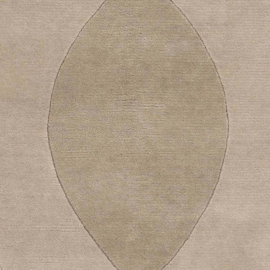 Close up of the Weleetka Area Carpet, featuring a contemporary oval pattern in neutral beige tones. Hand-knotted NZ wool texture. Swatch