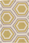 Close-up of the Welton Honeycomb Pattern Wool Rug. Features a geometric honeycomb design in tan, gray, and peach. Design-Rectangle-23