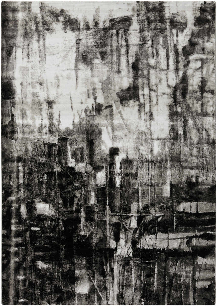 Close-up of the Westpoint Area Carpet. Contemporary style in black, charcoal, gray, and off-white abstract pattern. Design-Rectangle-527