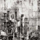 Close-up of the Westpoint Area Carpet, a contemporary rug in black, charcoal, gray, and off-white with an abstract pattern. Swatch